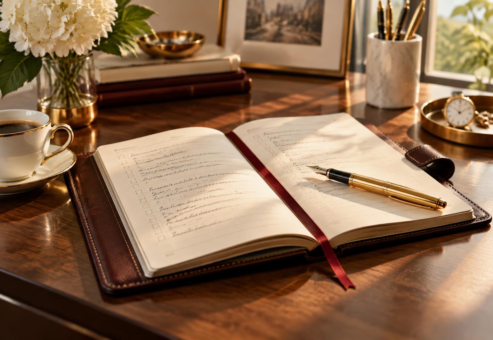 An open planner with a gold pen on a sunlit desk